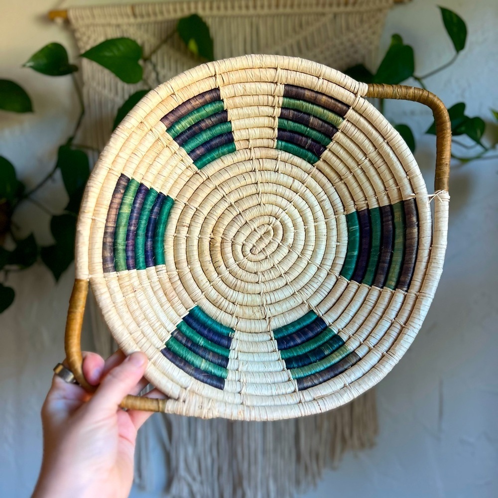 Large Woven Rattan Basket Bowl with Handles – Boho Farmhouse Wall or Table Décor